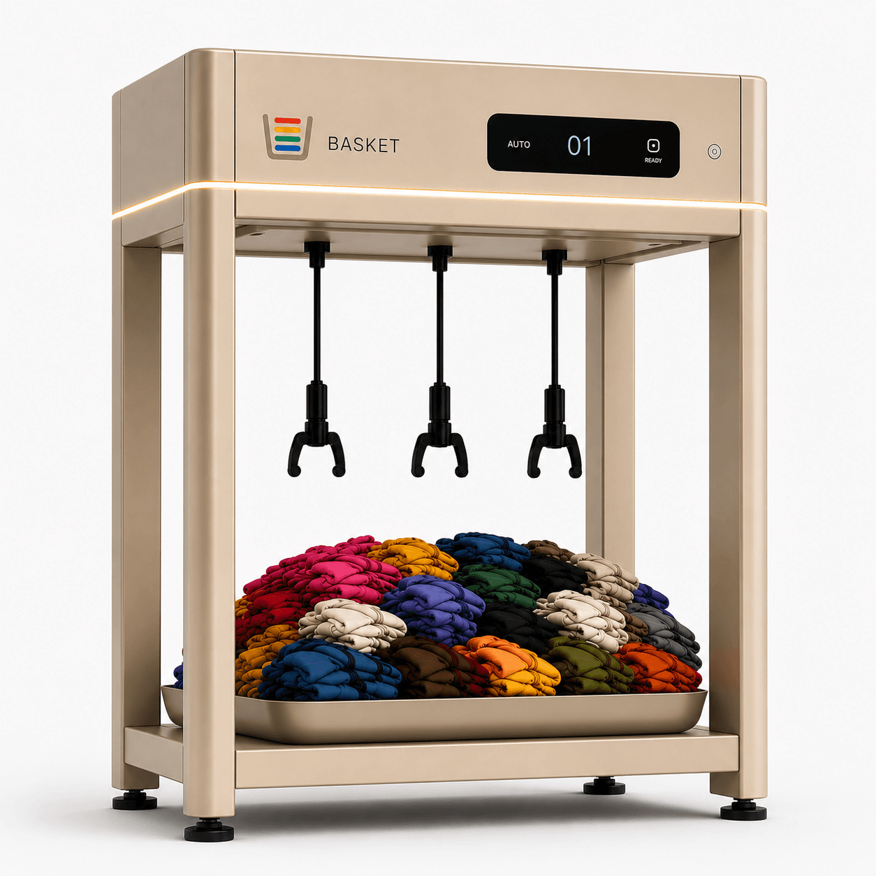 Basket robot concept: a warm gold frame with three black grippers above a tray of colorful laundry.